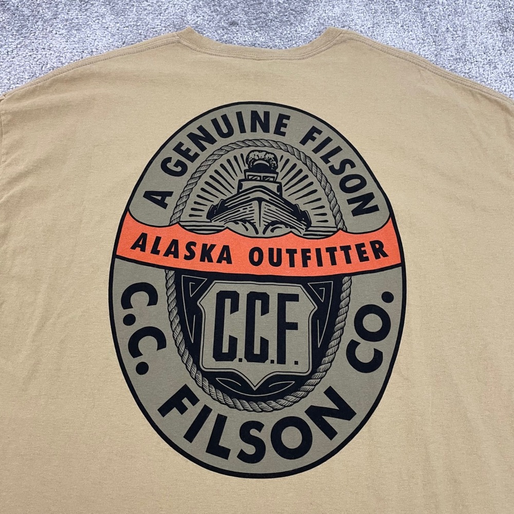 Filson Mens 2XL Graphic T Shirt C.C.F. Alaska Outfitter Tan Short Sleeve Cabin